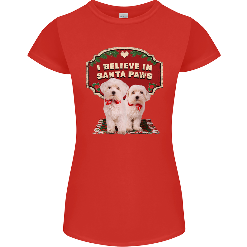 Christmas Maltese Funny Santa Paws Xmas Womens Petite Cut T-Shirt Red