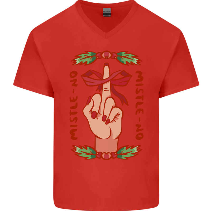 Christmas Mistle No Funny Bah Humbug Mens V-Neck Cotton T-Shirt Red