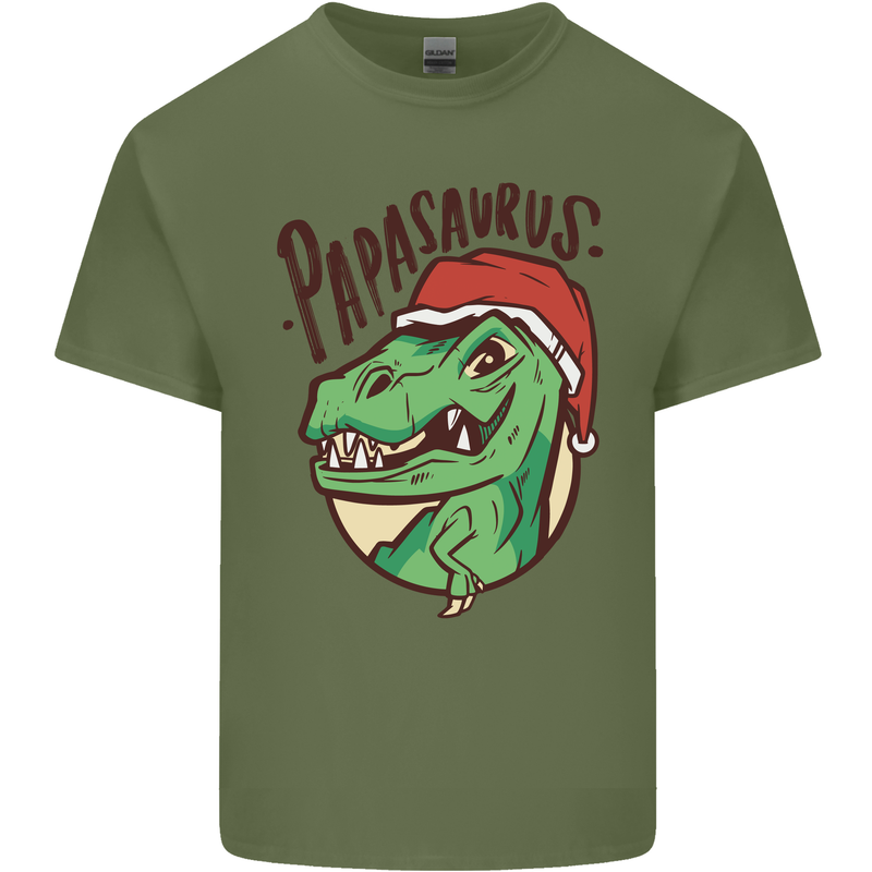 Christmas Papasaurus T-Rex Dinosaur Mens Cotton T-Shirt Tee Top Military Green