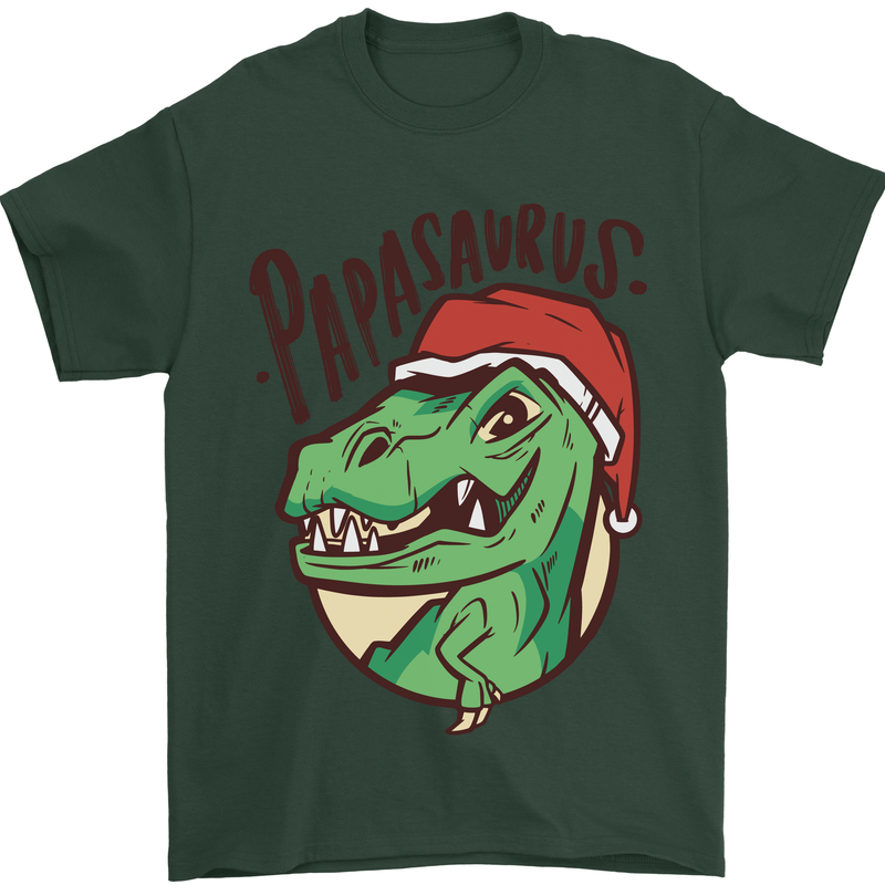 Christmas Papasaurus T-Rex Dinosaur Mens T-Shirt Cotton Gildan Forest Green