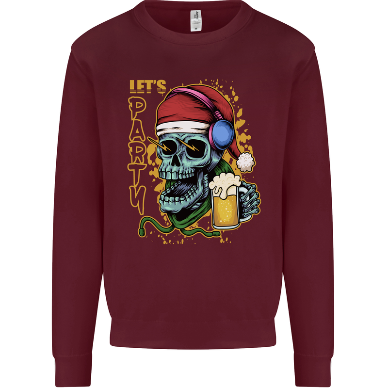 Christmas Party Skull Drinking Beer Alcohol Mens Sweatshirt Jumper Maroon