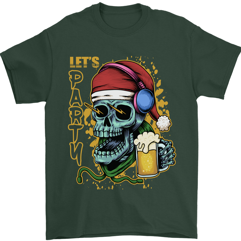 Christmas Party Skull Drinking Beer Alcohol Mens T-Shirt Cotton Gildan Forest Green