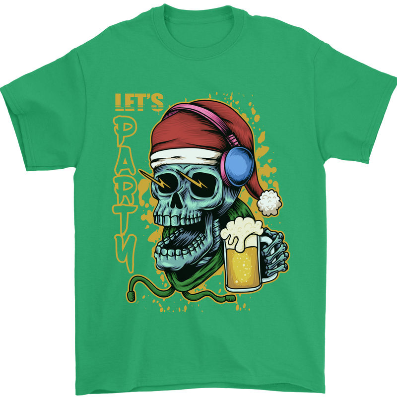 Christmas Party Skull Drinking Beer Alcohol Mens T-Shirt Cotton Gildan Irish Green