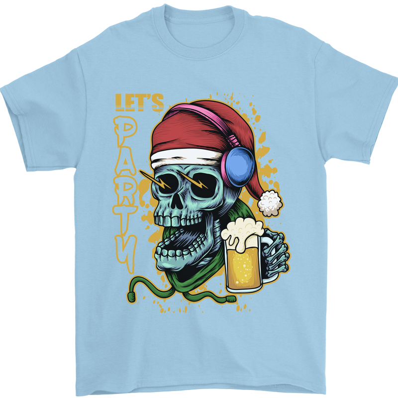 Christmas Party Skull Drinking Beer Alcohol Mens T-Shirt Cotton Gildan Light Blue