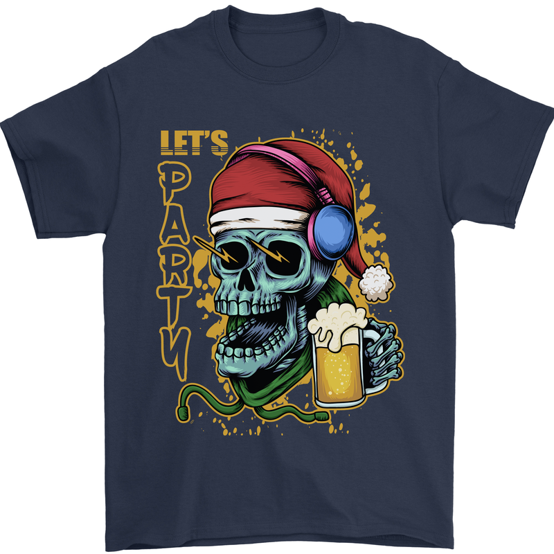 Christmas Party Skull Drinking Beer Alcohol Mens T-Shirt Cotton Gildan Navy Blue