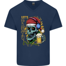 Christmas Party Skull Drinking Beer Alcohol Mens V-Neck Cotton T-Shirt Navy Blue