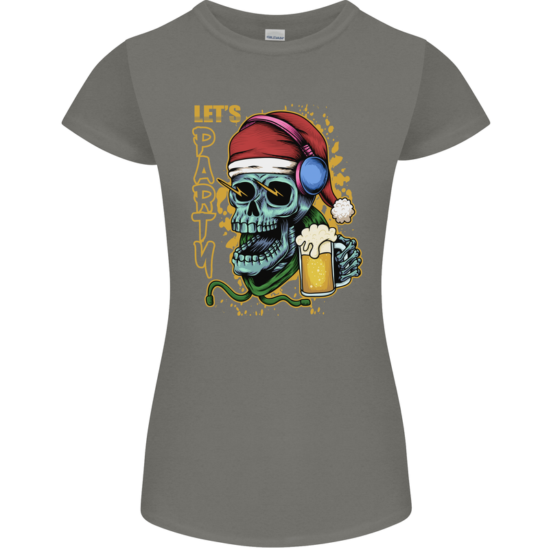 Christmas Party Skull Drinking Beer Alcohol Womens Petite Cut T-Shirt Charcoal