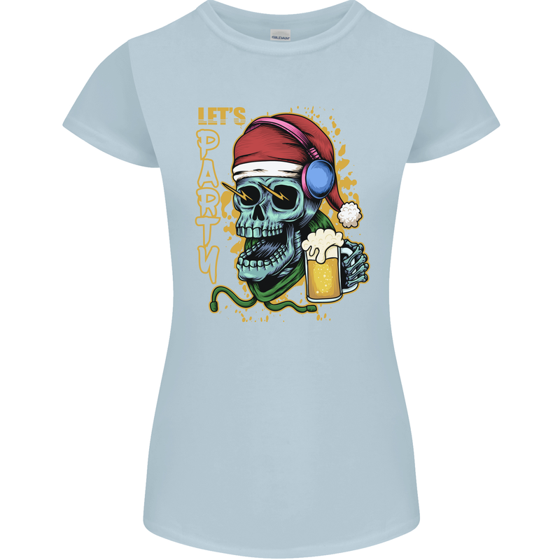 Christmas Party Skull Drinking Beer Alcohol Womens Petite Cut T-Shirt Light Blue
