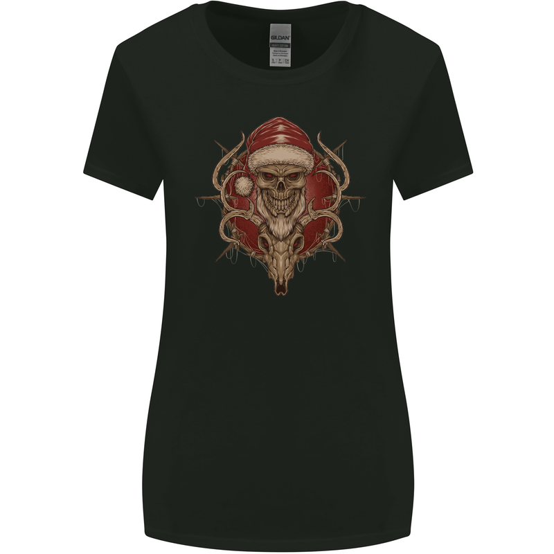 Christmas Reindeer Santa Skull Gothic Womens Wider Cut T-Shirt Black