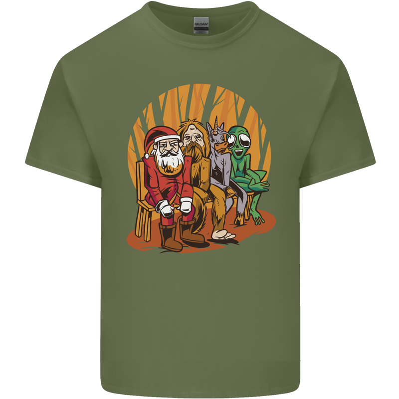 Christmas Santa Claus Bigfoot Unicorn Alien Mens Cotton T-Shirt Tee Top Military Green
