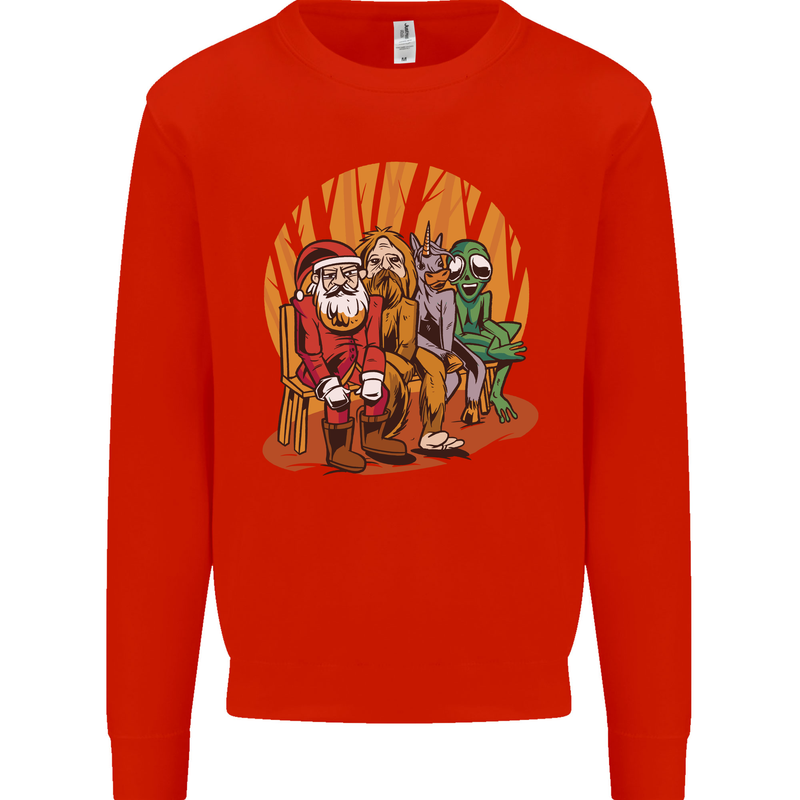 Christmas Santa Claus Bigfoot Unicorn Alien Mens Sweatshirt Jumper Bright Red
