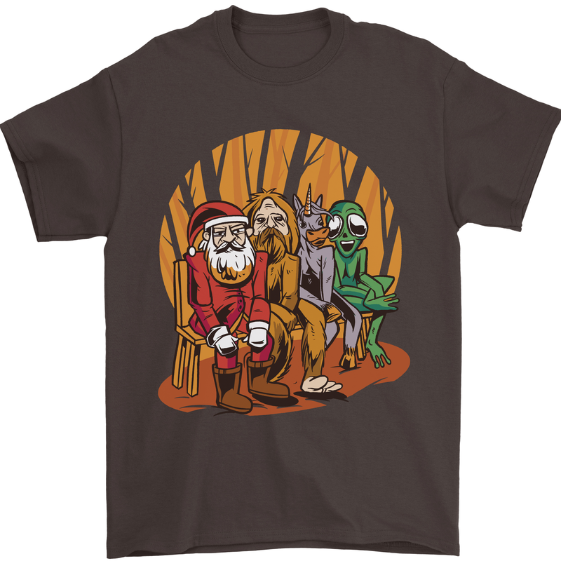 Christmas Santa Claus Bigfoot Unicorn Alien Mens T-Shirt Cotton Gildan Dark Chocolate