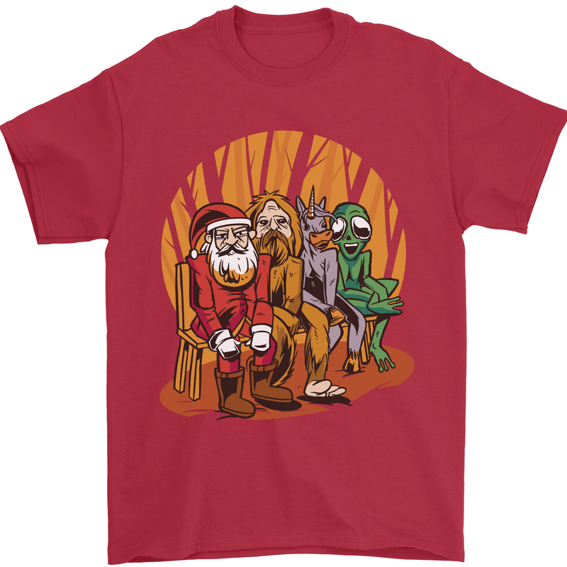 Christmas Santa Claus Bigfoot Unicorn Alien Mens T-Shirt Cotton Gildan Red