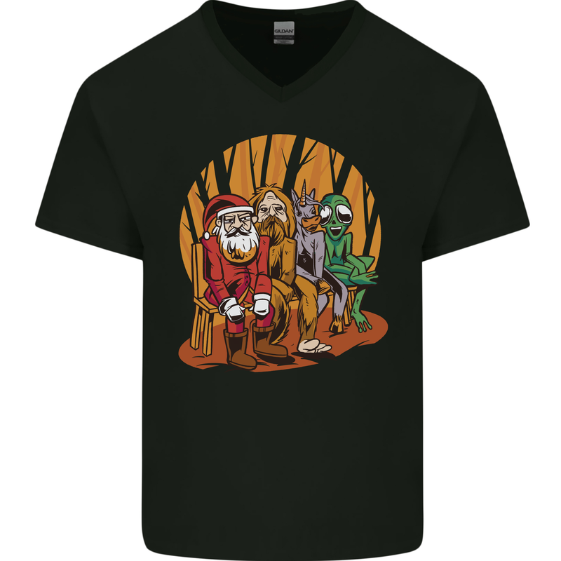 Christmas Santa Claus Bigfoot Unicorn Alien Mens V-Neck Cotton T-Shirt Black