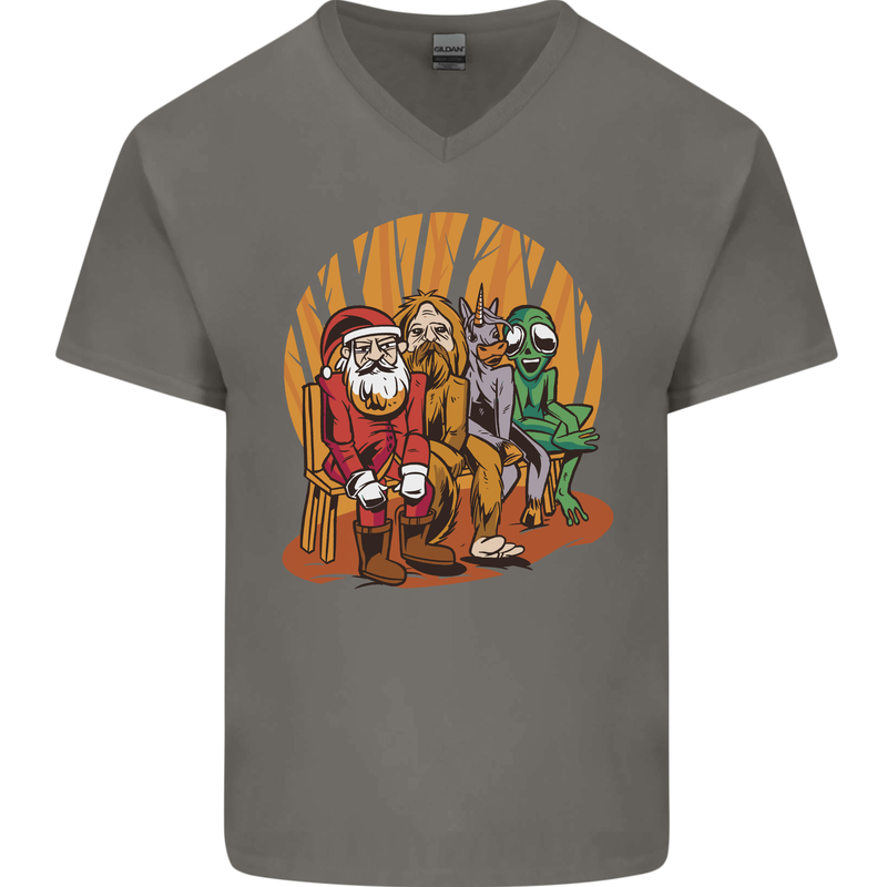 Christmas Santa Claus Bigfoot Unicorn Alien Mens V-Neck Cotton T-Shirt Charcoal