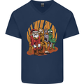 Christmas Santa Claus Bigfoot Unicorn Alien Mens V-Neck Cotton T-Shirt Navy Blue