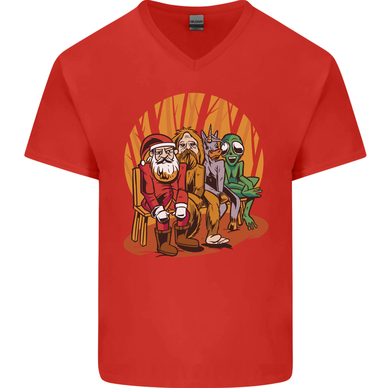 Christmas Santa Claus Bigfoot Unicorn Alien Mens V-Neck Cotton T-Shirt Red