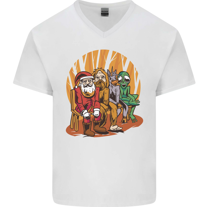 Christmas Santa Claus Bigfoot Unicorn Alien Mens V-Neck Cotton T-Shirt White