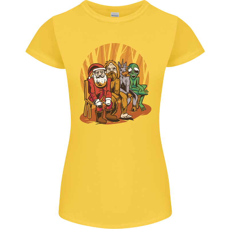 Christmas Santa Claus Bigfoot Unicorn Alien Womens Petite Cut T-Shirt Yellow