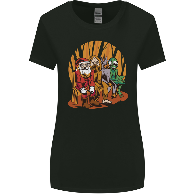 Christmas Santa Claus Bigfoot Unicorn Alien Womens Wider Cut T-Shirt Black