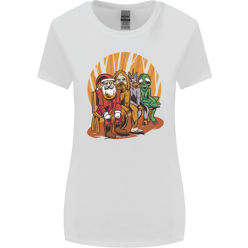 Christmas Santa Claus Bigfoot Unicorn Alien Womens Wider Cut T-Shirt White