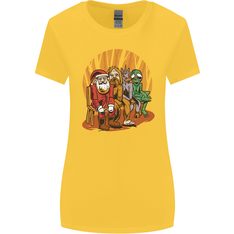 Christmas Santa Claus Bigfoot Unicorn Alien Womens Wider Cut T-Shirt Yellow