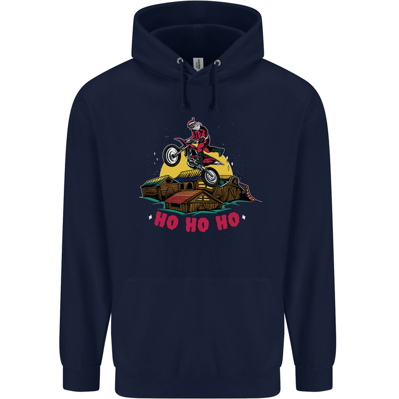 Christmas Santa Motocross Dirt Bike Childrens Kids Hoodie Navy Blue