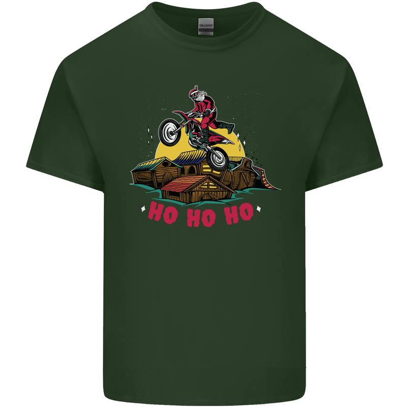 Christmas Santa Motocross Dirt Bike Mens Cotton T-Shirt Tee Top Forest Green