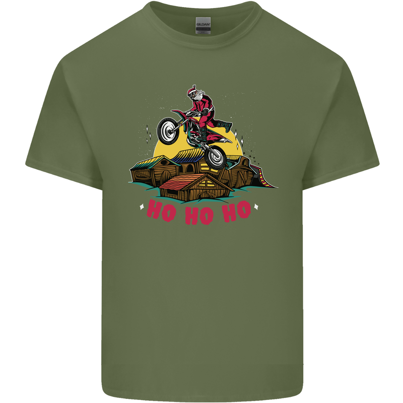 Christmas Santa Motocross Dirt Bike Mens Cotton T-Shirt Tee Top Military Green