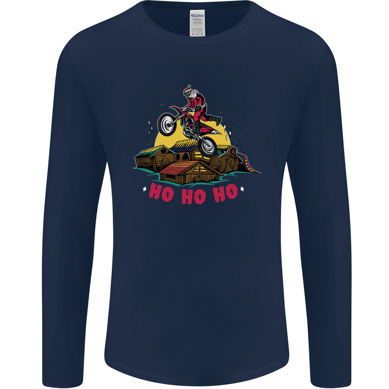 Christmas Santa Motocross Dirt Bike Mens Long Sleeve T-Shirt Navy Blue