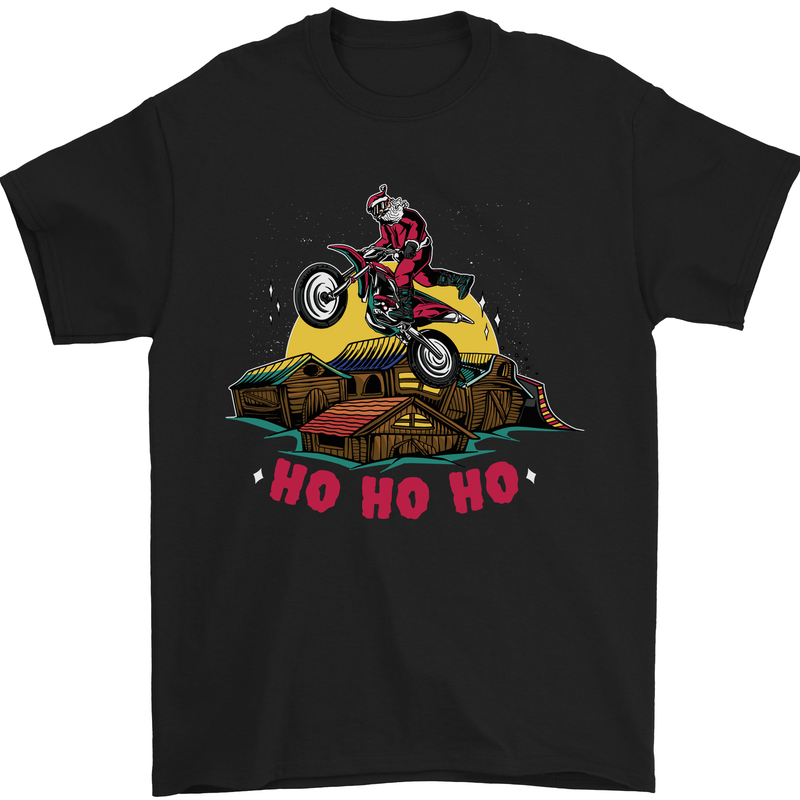 Christmas Santa Motocross Dirt Bike Mens T-Shirt Cotton Gildan Black