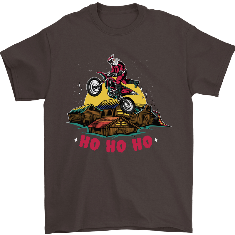 Christmas Santa Motocross Dirt Bike Mens T-Shirt Cotton Gildan Dark Chocolate