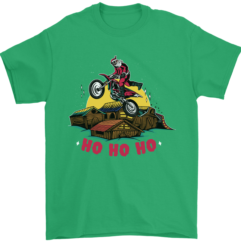 Christmas Santa Motocross Dirt Bike Mens T-Shirt Cotton Gildan Irish Green