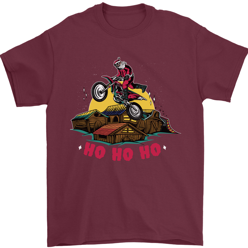 Christmas Santa Motocross Dirt Bike Mens T-Shirt Cotton Gildan Maroon