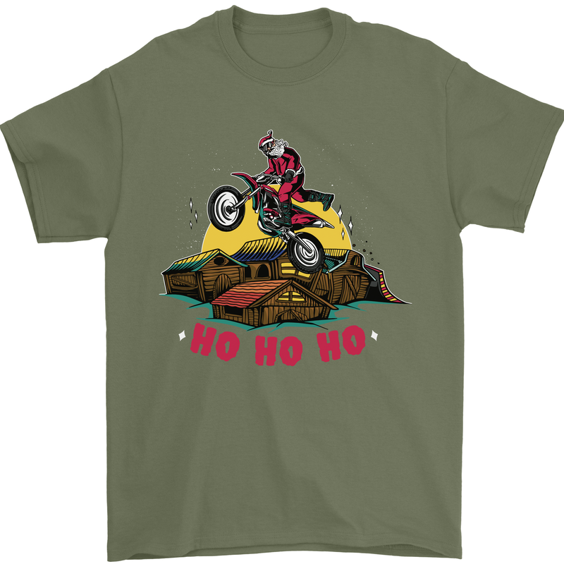 Christmas Santa Motocross Dirt Bike Mens T-Shirt Cotton Gildan Military Green