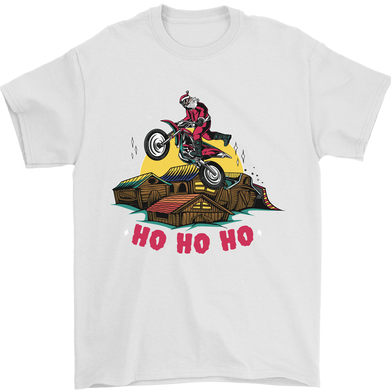 Christmas Santa Motocross Dirt Bike Mens T-Shirt Cotton Gildan White
