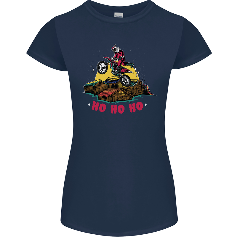 Christmas Santa Motocross Dirt Bike Womens Petite Cut T-Shirt Navy Blue