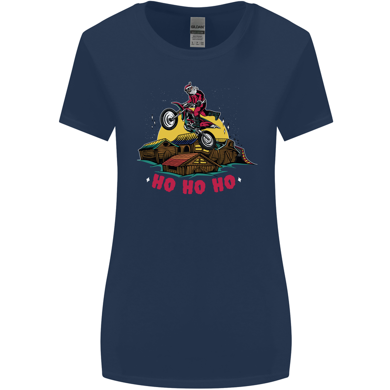 Christmas Santa Motocross Dirt Bike Womens Wider Cut T-Shirt Navy Blue