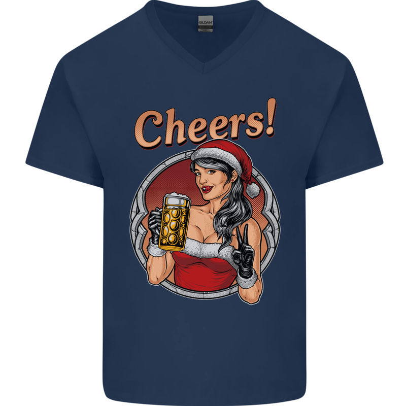 Christmas Sexy Santa Clause Xmas Mens V-Neck Cotton T-Shirt Navy Blue