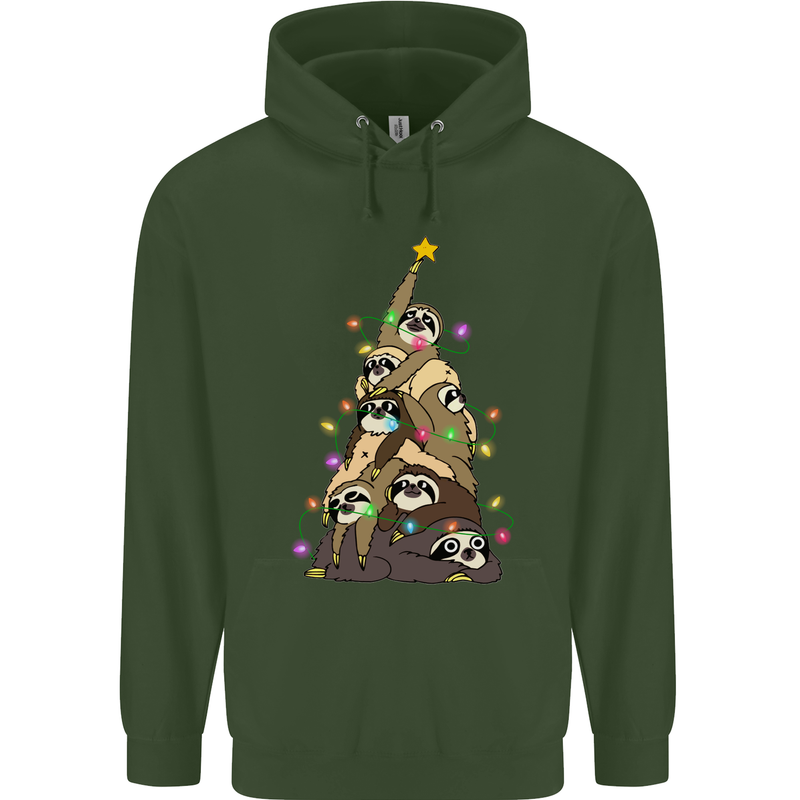 Christmas Sloth Tree Funny Xmas Mens 80% Cotton Hoodie Forest Green