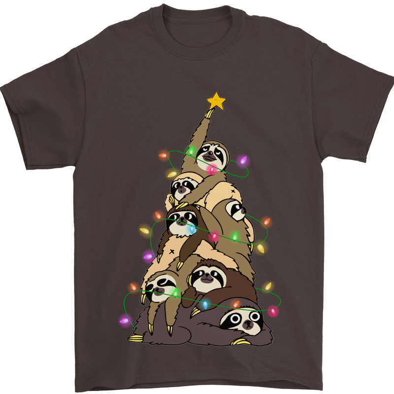 Christmas Sloth Tree Funny Xmas Mens T-Shirt Cotton Gildan Dark Chocolate