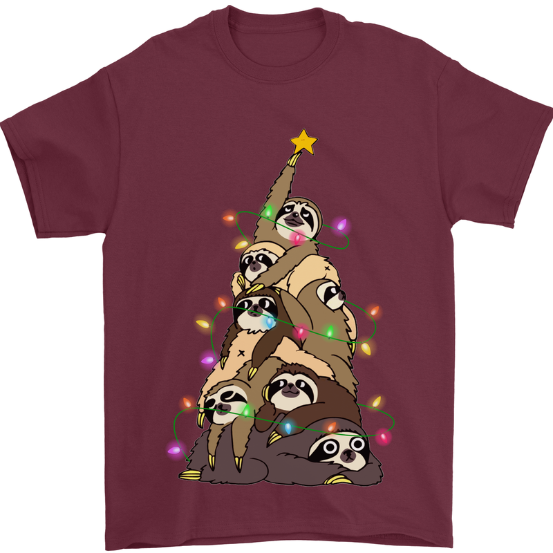 Christmas Sloth Tree Funny Xmas Mens T-Shirt Cotton Gildan Maroon