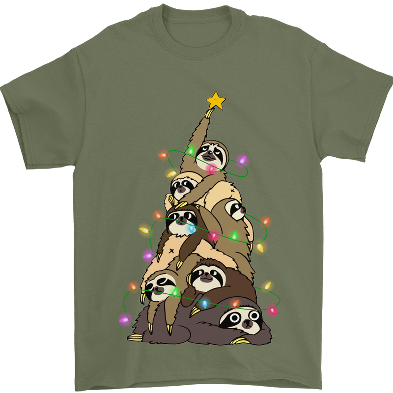 Christmas Sloth Tree Funny Xmas Mens T-Shirt Cotton Gildan Military Green