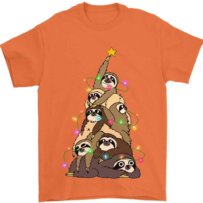 Christmas Sloth Tree Funny Xmas Mens T-Shirt Cotton Gildan Orange