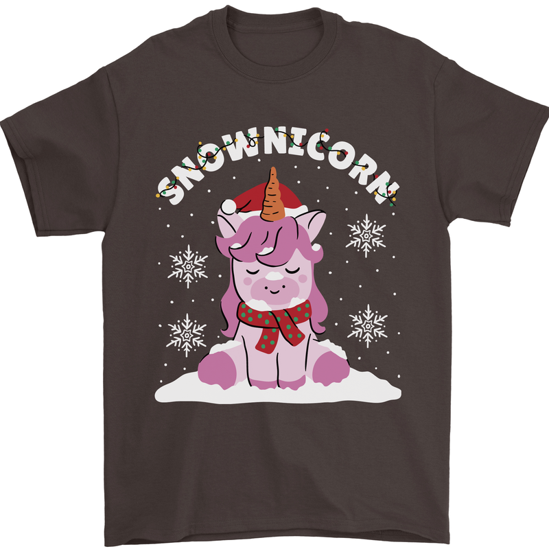 Christmas Snowicorn Funny Xmas Unicorn Mens T-Shirt Cotton Gildan Dark Chocolate