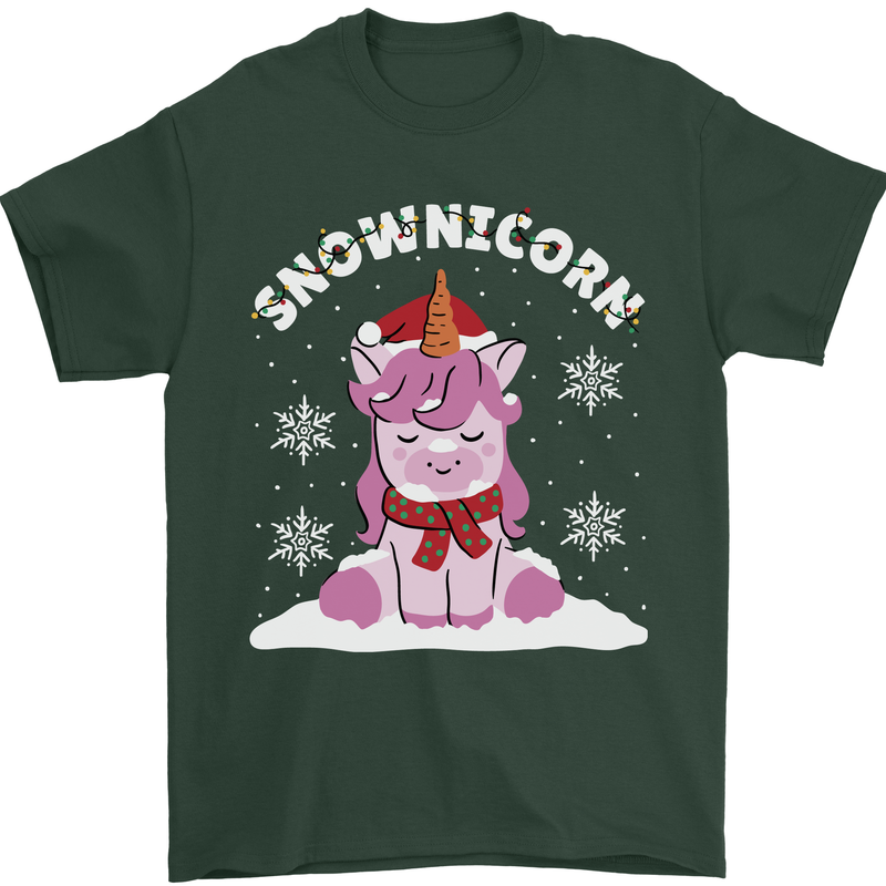 Christmas Snowicorn Funny Xmas Unicorn Mens T-Shirt Cotton Gildan Forest Green