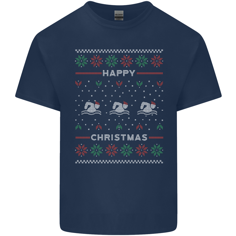 Christmas Swimming Design Mens Cotton T-Shirt Tee Top Navy Blue