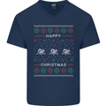 Christmas Swimming Design Mens V-Neck Cotton T-Shirt Navy Blue