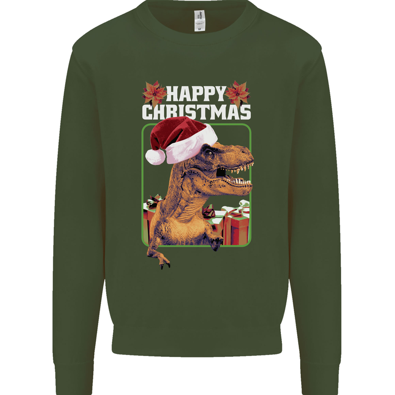 Christmas T-Rex Funny Dinosaur Kids Sweatshirt Jumper Forest Green