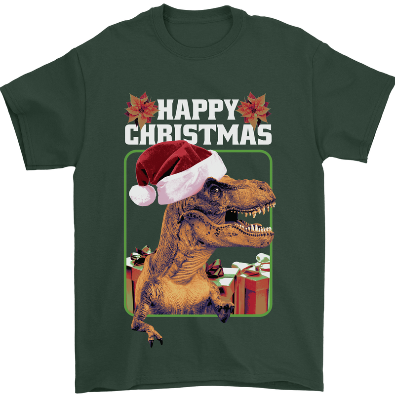 Christmas T-Rex Funny Dinosaur Mens T-Shirt 100% Cotton Forest Green